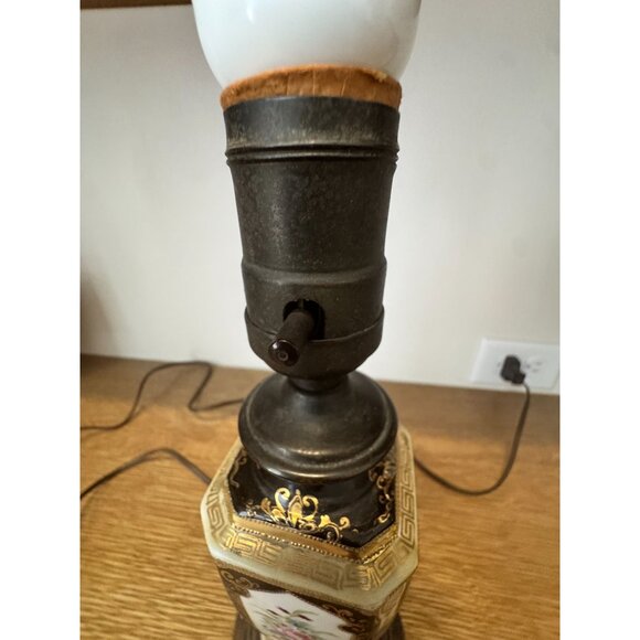 Vintage Floral Porcelain & Metal Table Lamp – Ornate Black & Gold Detail, Wood B - Picture 5 of 12